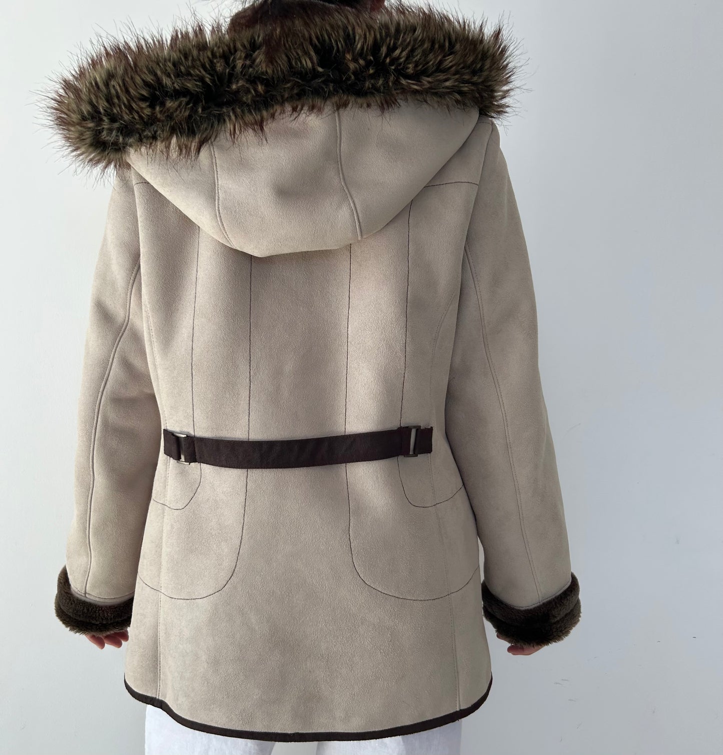 Beige Faux Shearling Full Zip Coat - Large