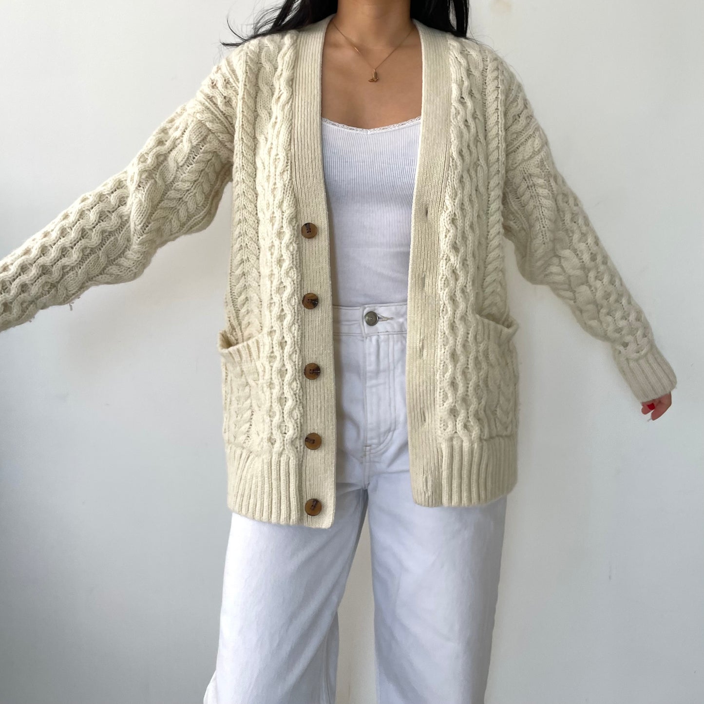 Brandy Melville Cream Aran Wool Knit Chunky Cardigan - X-Small/Small/Medium