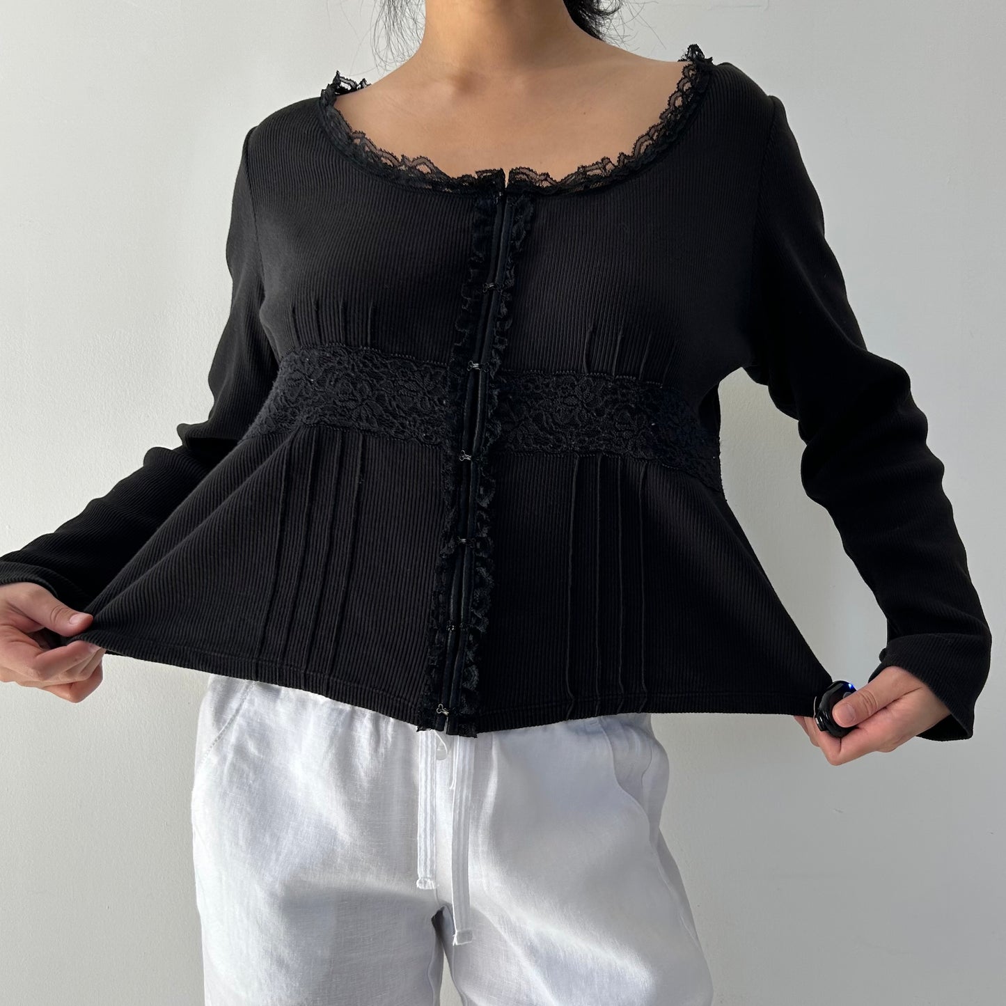 Black Long Sleeve Lace Trim Corset Style Top - Large