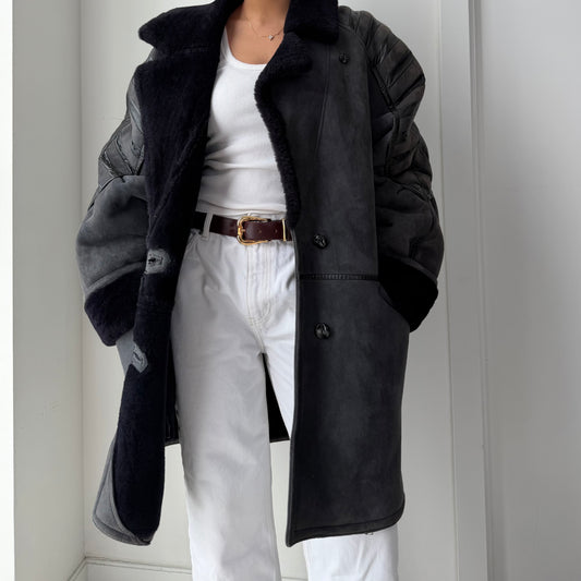 1990s HiSO Charcoal Panelled Genuine Sheepskin Coat - Large