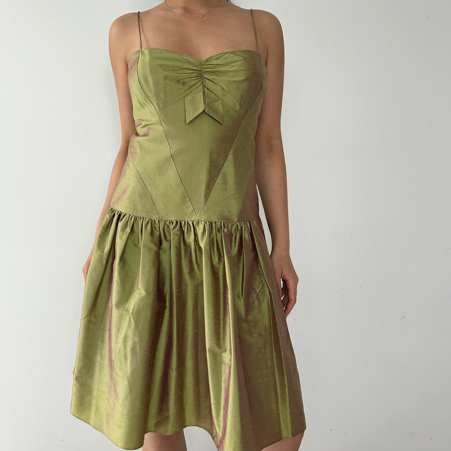 Vintage 90s Made in USA Nicole Miller Green Silk Drop Waist Mini Dress - Small