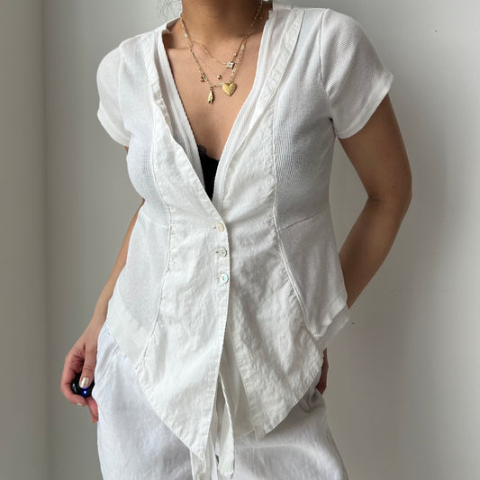 White V-Neck Cotton Blouse - Small