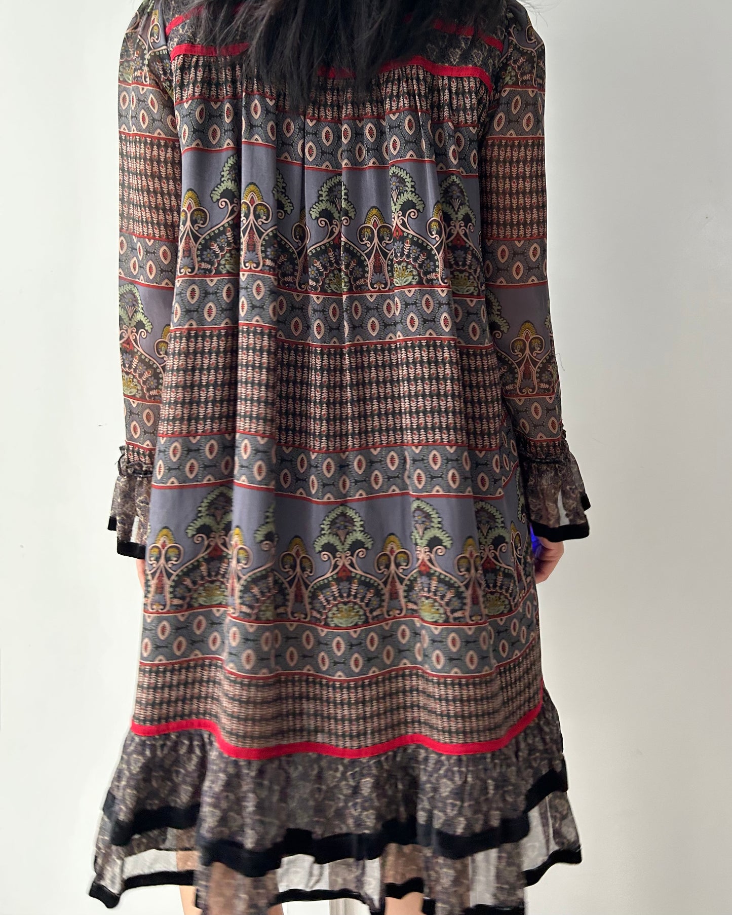 Anna Sui Long Sleeve Smocked Silk Dress - Medium