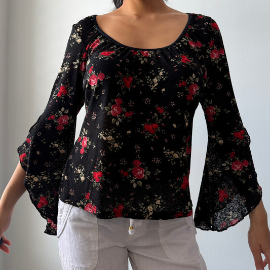 Per Una Black Floral Bell-Sleeve Blouse - Large