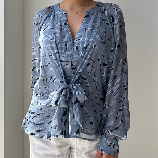 Parker Blue Silk Blend Patterned Long Sleeve Blouse - Medium