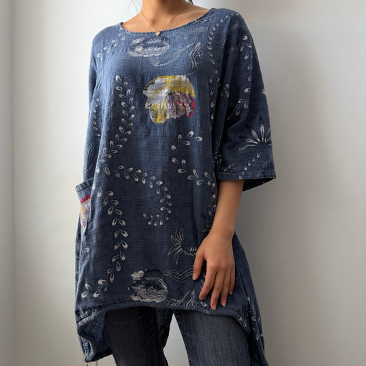 Made in Italy Blue Short Sleeve Floral Tunic - X-Large
