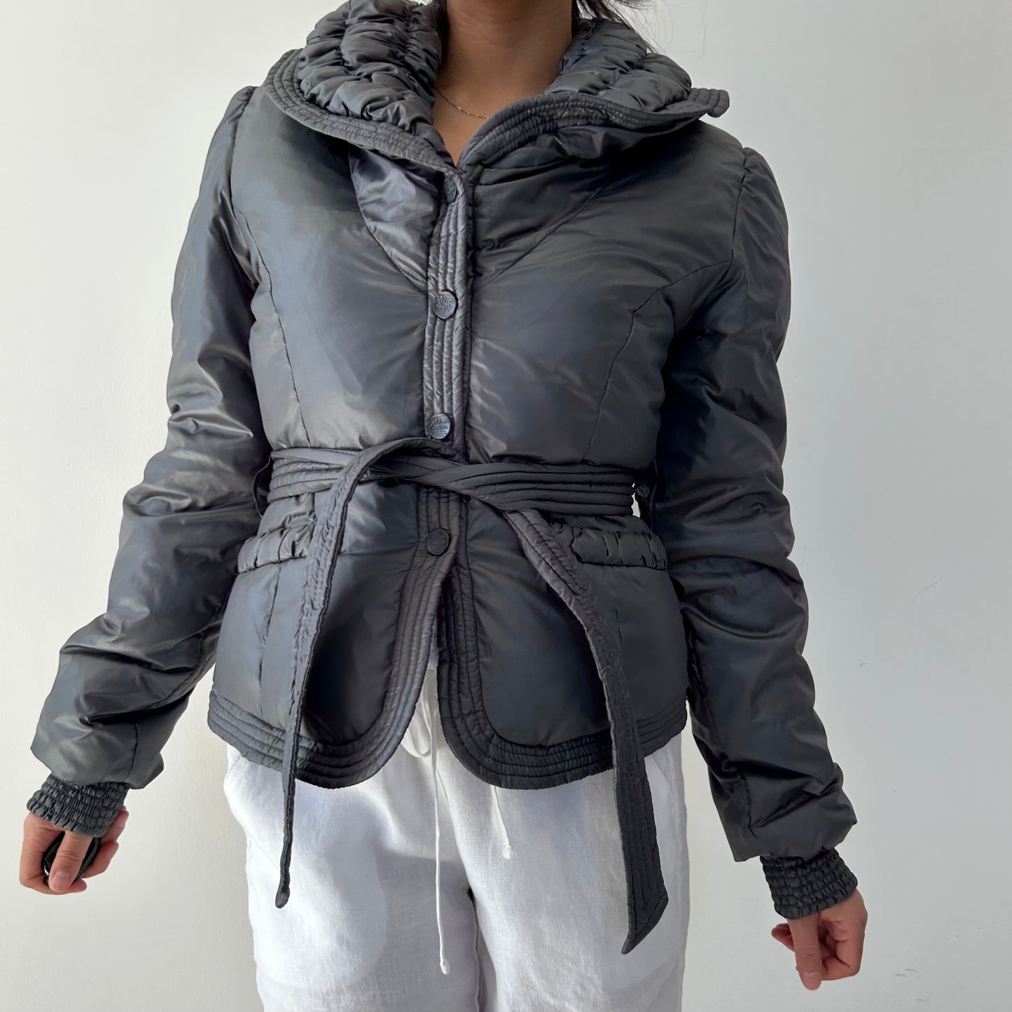 Killah by Miss Sixty Grey Metallic Belted Down Filled Puffer Jacket - Small