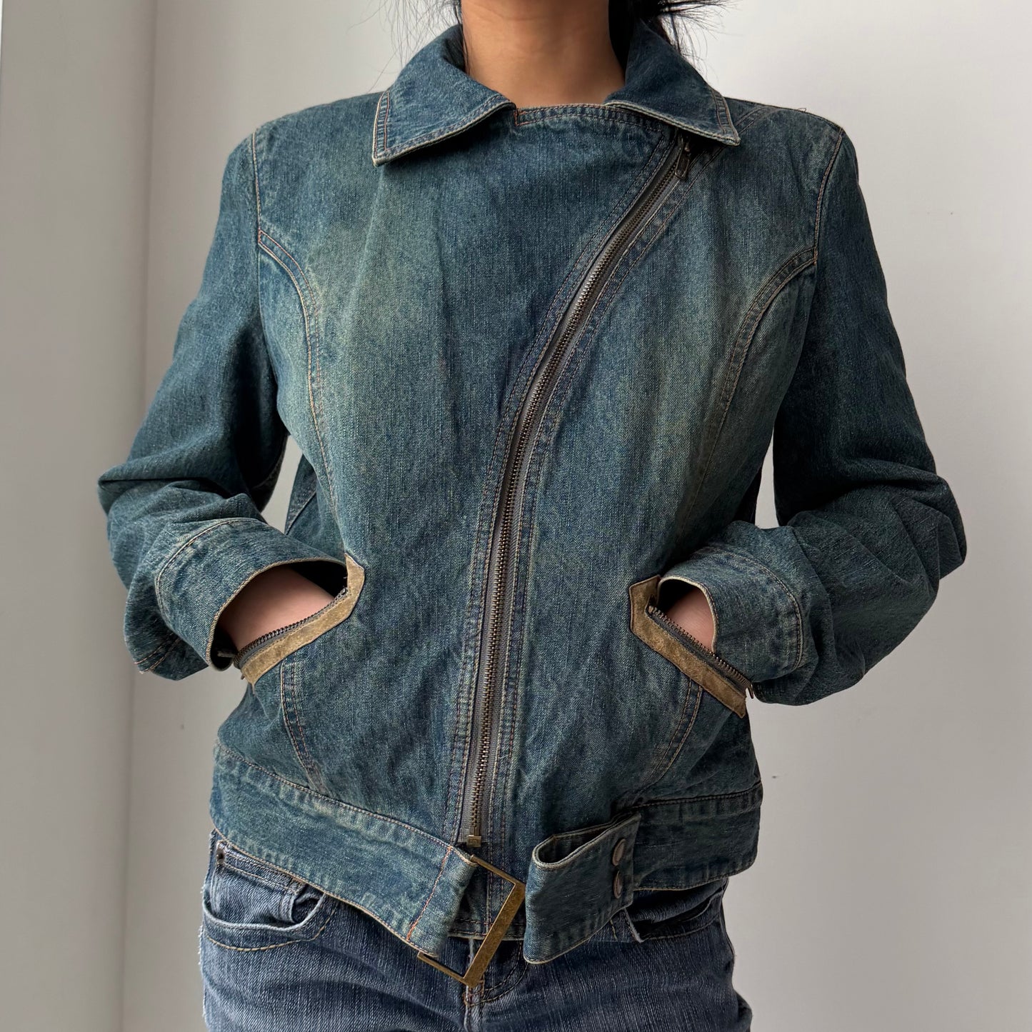 Old Label Nine West Leather-Panel Denim Biker Jacket - Medium