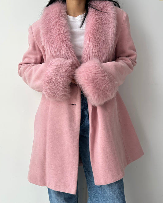 Fairweather Pink Faux Fur Trim Wool and Cashmere Coat - Large