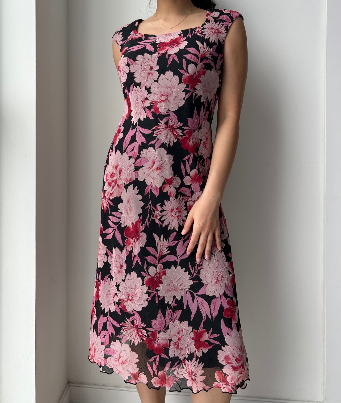 Vintage 90s Made in Canada Pink Floral Midi Dress - Small