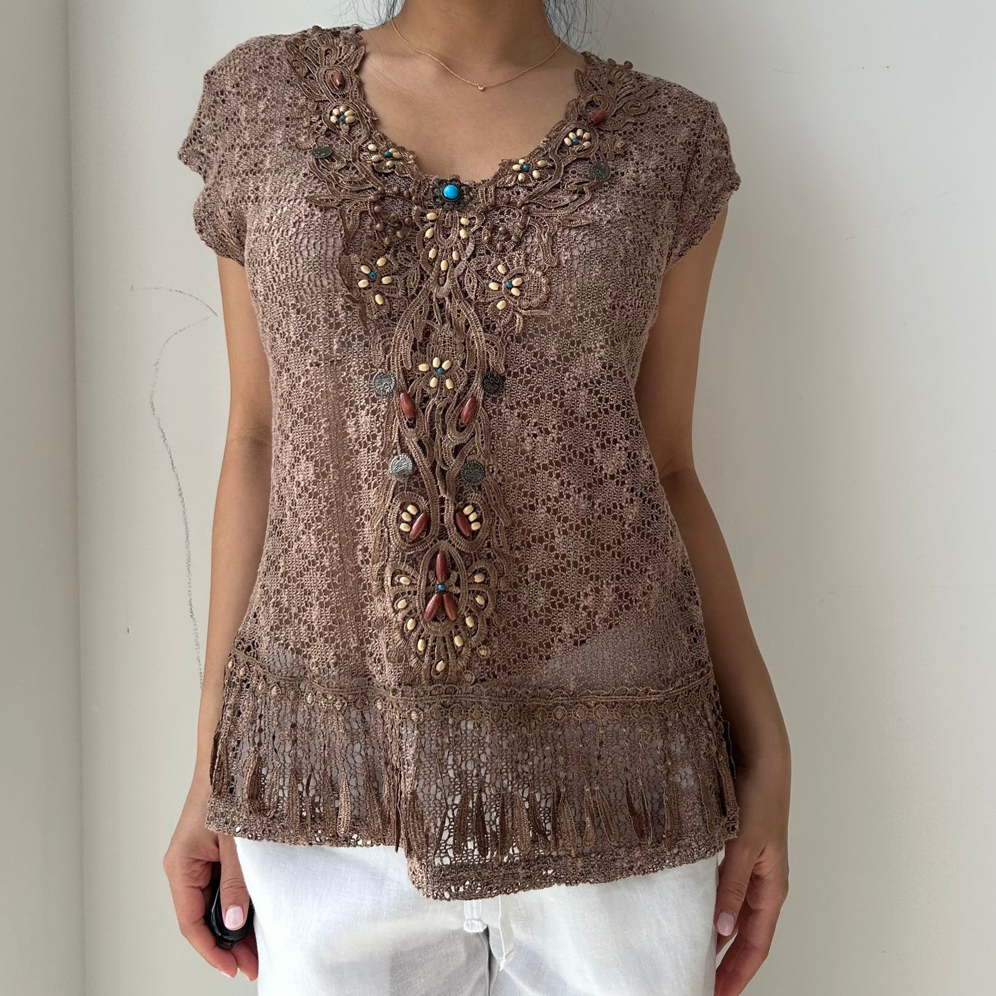 Brown Short Sleeve Crochet Knit Top - Medium