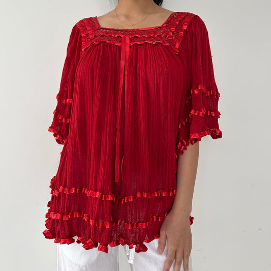 Red Ruffle Babydoll Blouse - X-Large