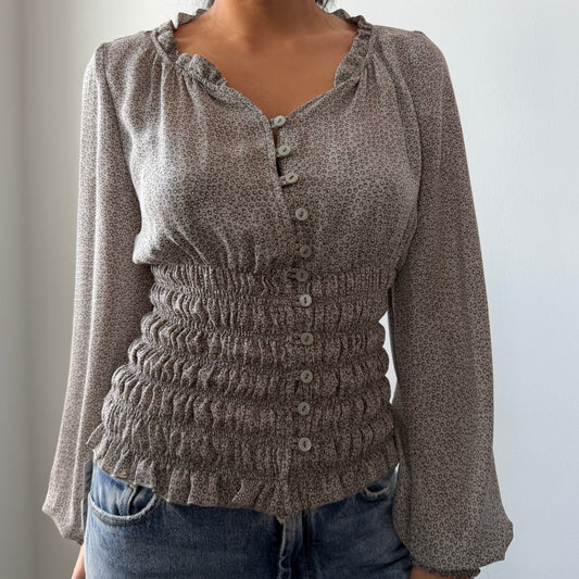 Trucco Grey Patterned Long Sleeve Smocked Blouse - X-Small