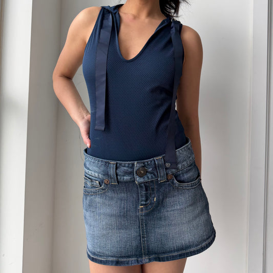 True Religion Navy Mesh Knit Hooded Bodysuit - X-Small