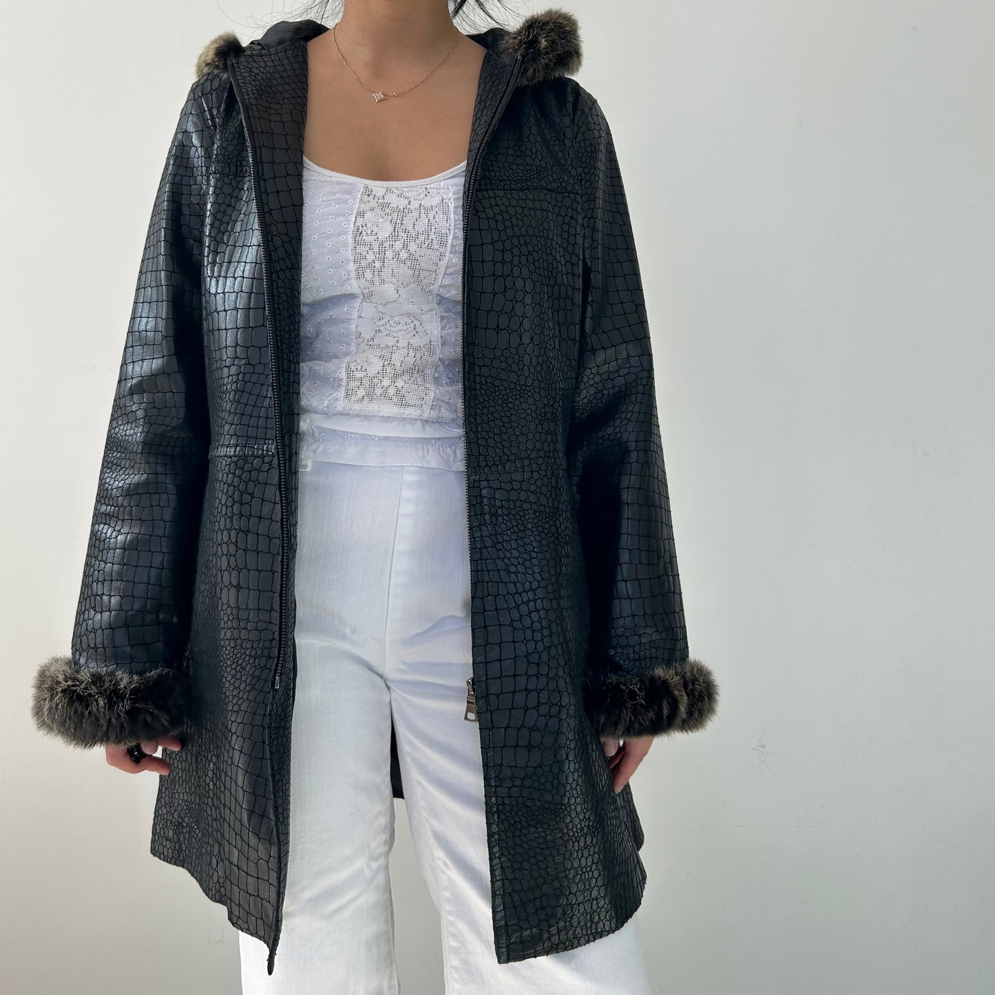 Black Embossed Leather Coat with Rabbit Fur Trim - Medium