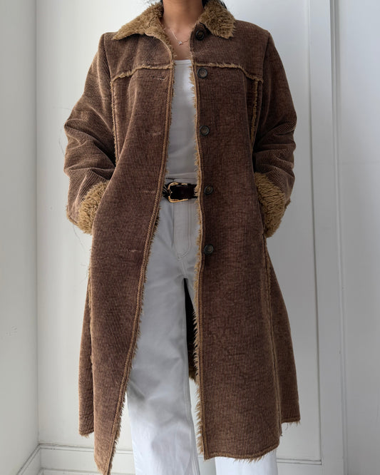 Quickreflex Brown Corduroy Faux Fur Trim Coat - Medium