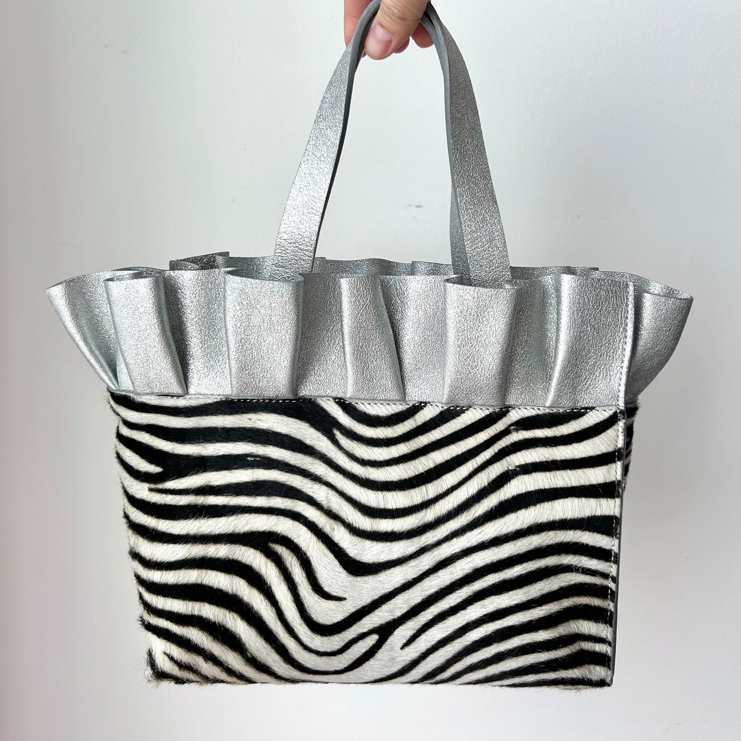 Lia Numa Silver Ruffle and Zebra Calf Hair Crossbody Bag