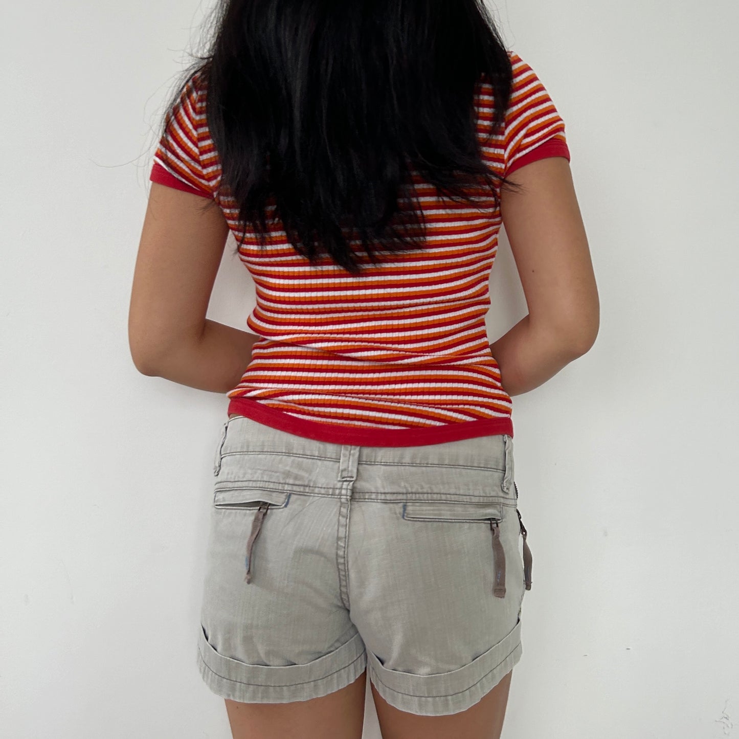 Esprit Red, Orange, and White Striped Ringer Tee - Small