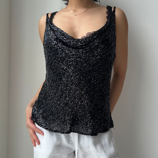 Vintage Black Beaded Cowl Neck Top - Large