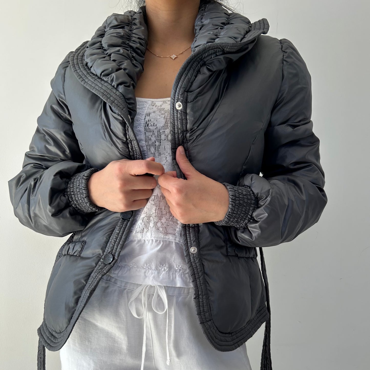Killah by Miss Sixty Grey Metallic Belted Down Filled Puffer Jacket - Small