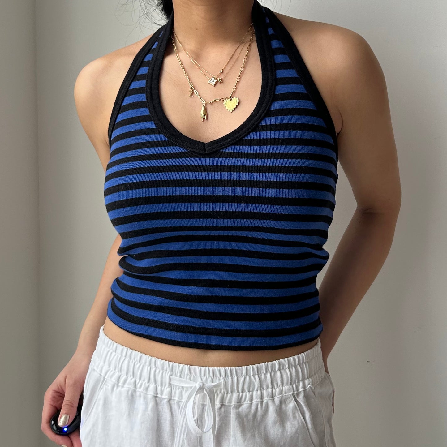 Early 2000s Club Monaco Blue and Black Striped Halter Top - X-Small
