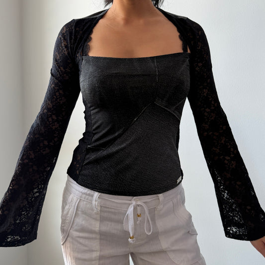 E. Loco Paris Black Lace Sleeve Square Neck Top - X-Small