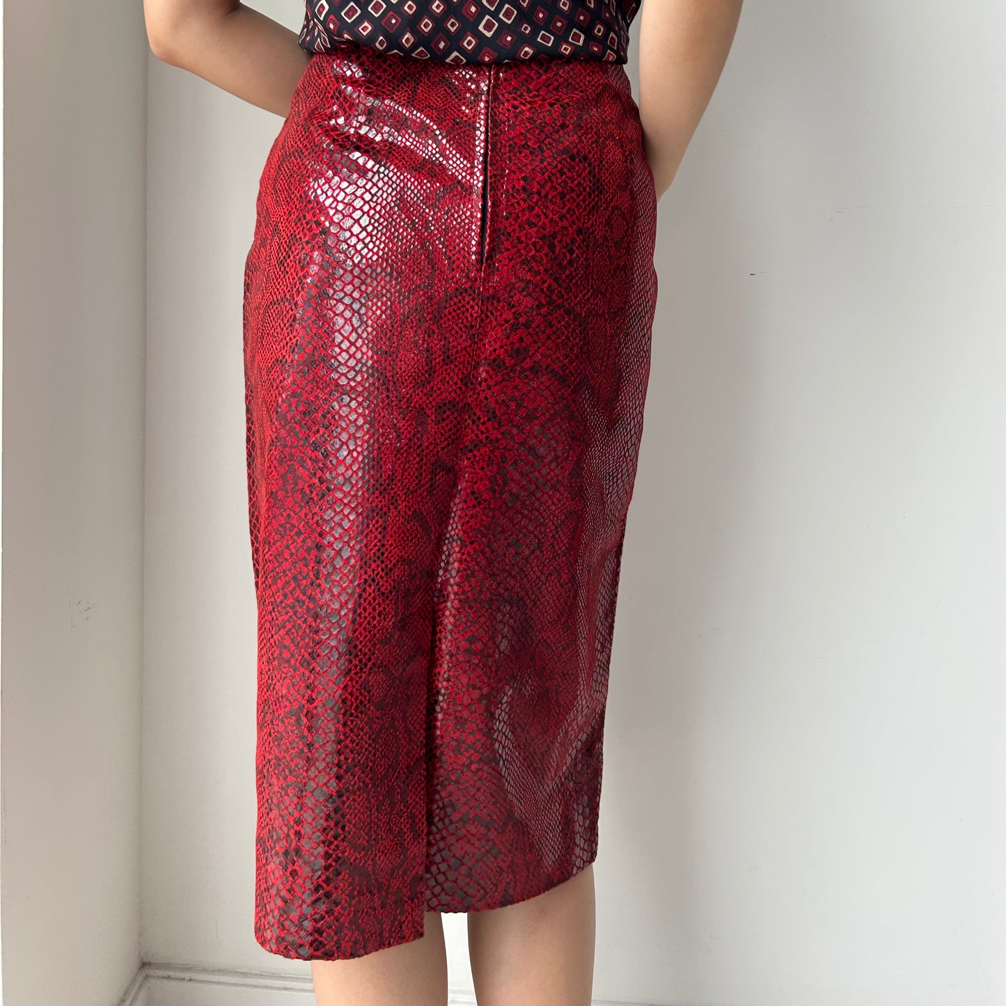Danier Red Snake-Embossed Leather Pencil Skirt - Medium