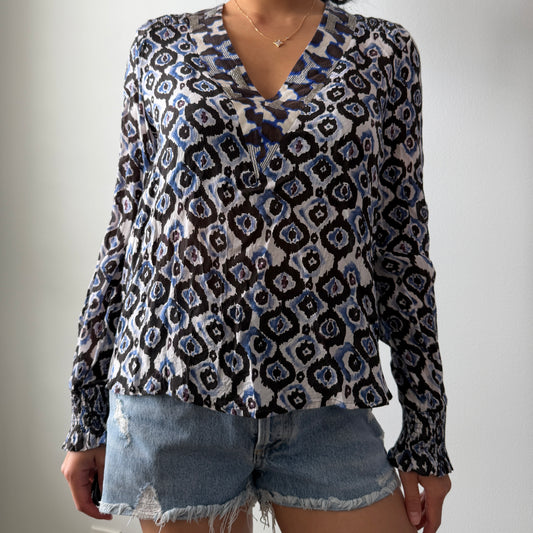 Lauren Vidal Paris Blue Patterned V-Neck Blouse - X-Small