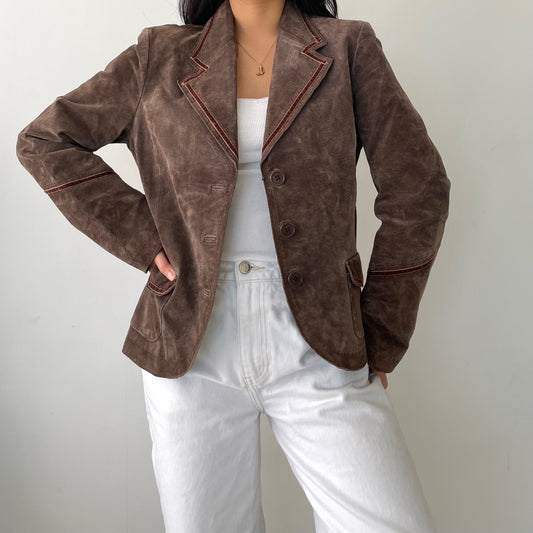Suede Brown Leather Blazer - Small