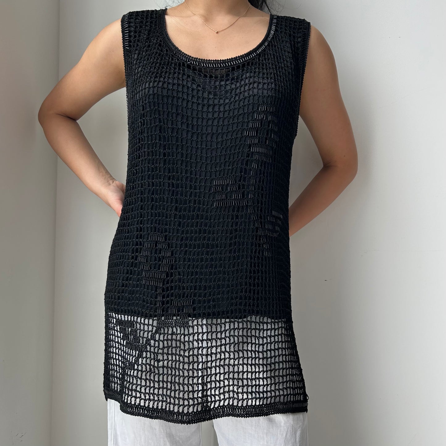 Vintage Black Floral Fishnet Tunic Tank - Large