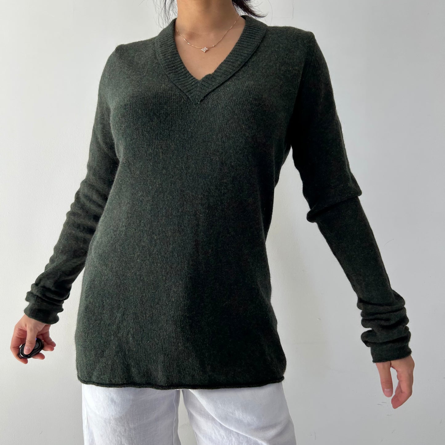Banana Republic Forest Green Wool and Angora Knit V-Neck Jumper - X-Small
