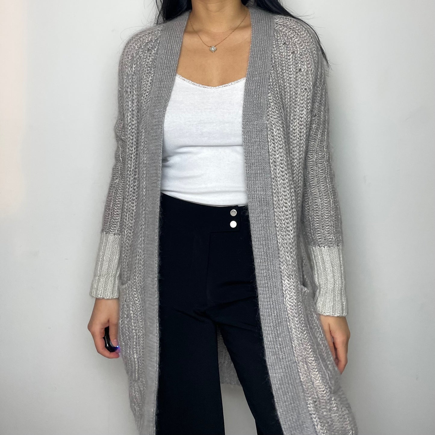 All Saints Grey Open Longline Mohair Blend Cardigan - X-Small