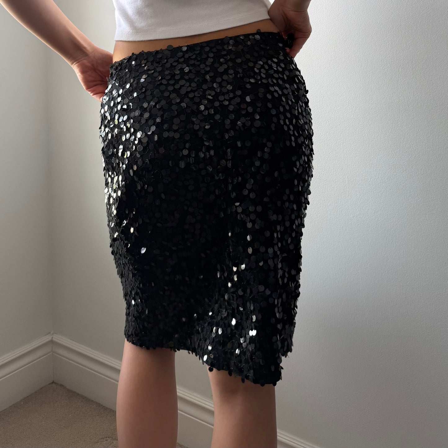 Catherine Curtis Made in Canada Black Sequin Silk Skirt - Medium