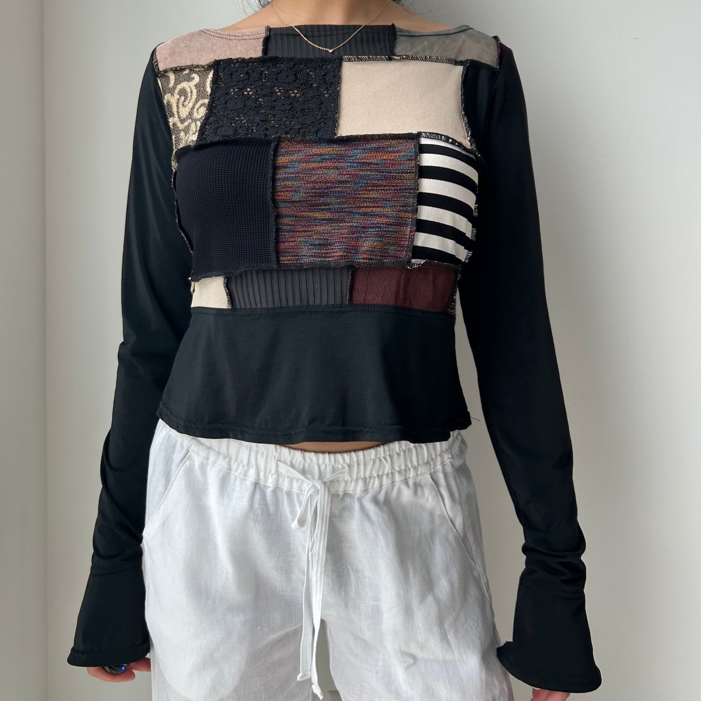 Annie Thompson Black Patchwork Long Sleeve Top - Medium