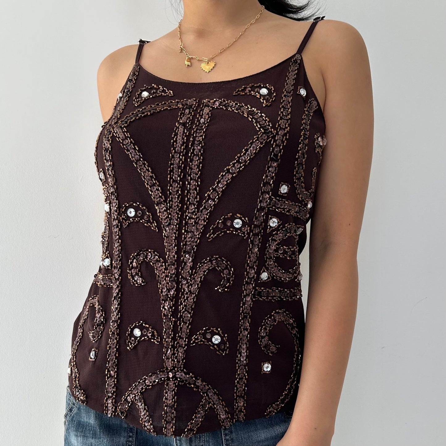 Brown Beaded Mesh Tank - Large