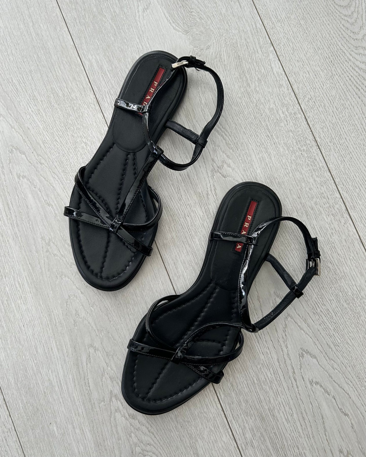 Prada Black Patent Leather Strappy Sandals - Size 38