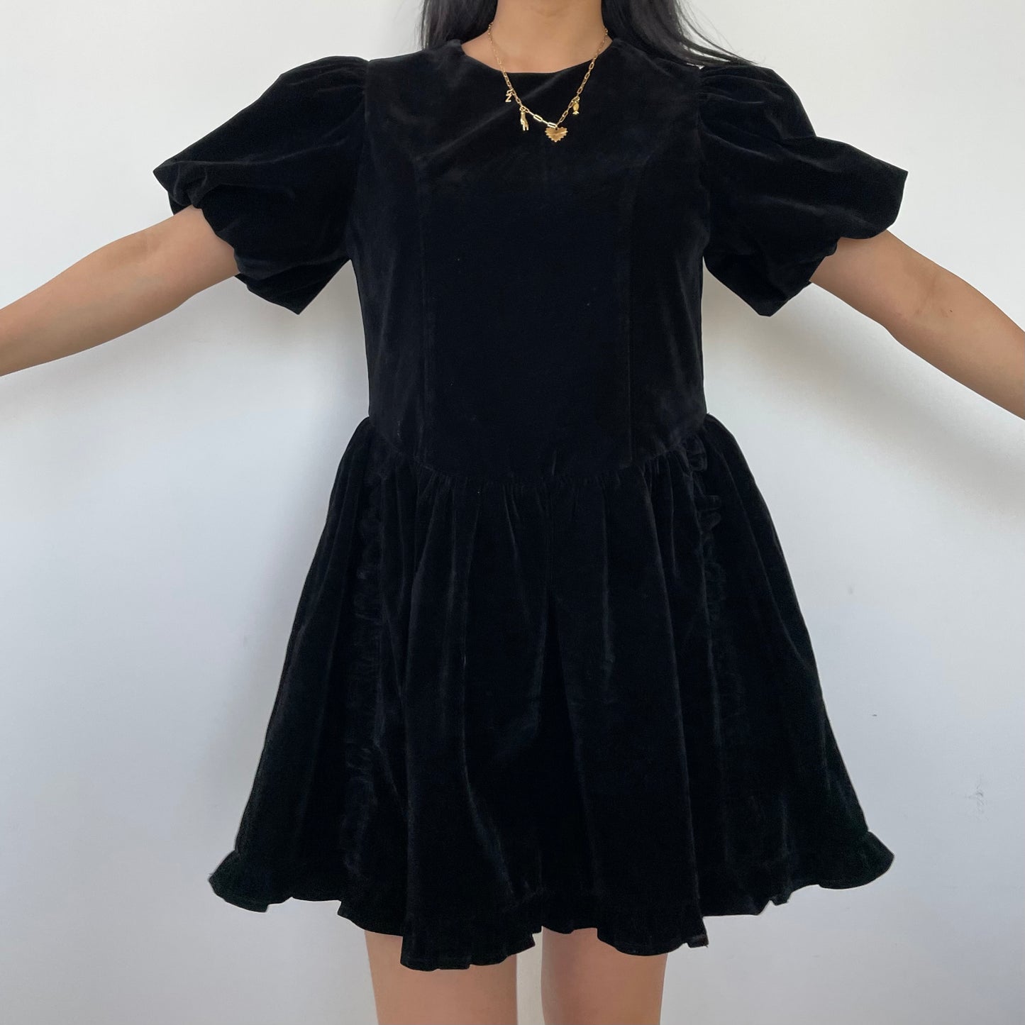 Black Velvet Short Sleeve Babydoll Dress - Small