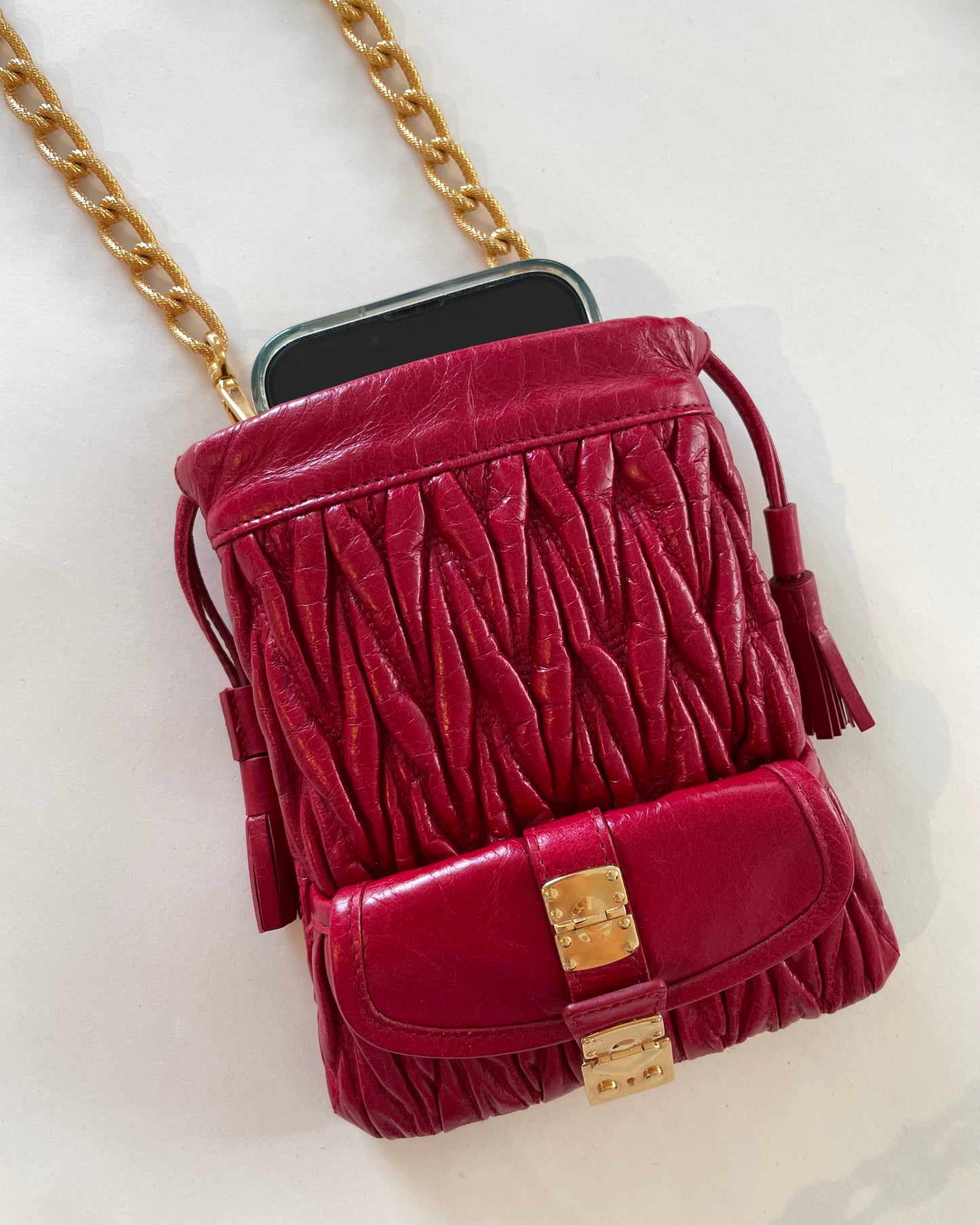 2003 Miu Miu Cherry Red Matelassé Leather Chain-link Crossbody Bag