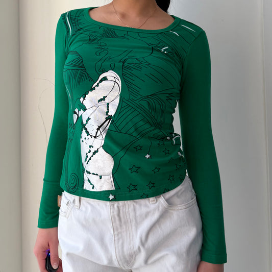 Early 2000s Dolce & Gabbana Green Long Sleeve Graphic Tee - X-Small
