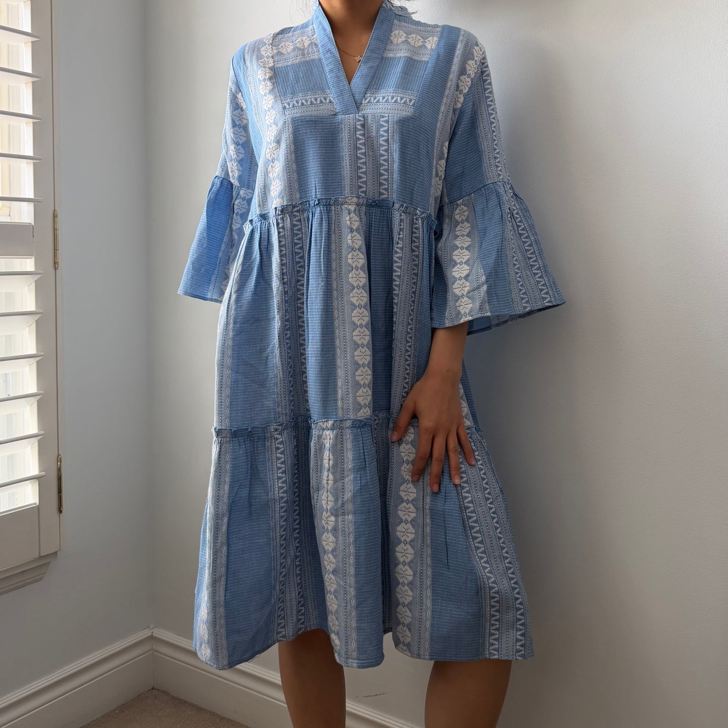 Lemonwood Blue and White Long Sleeve Tiered Dress - Small