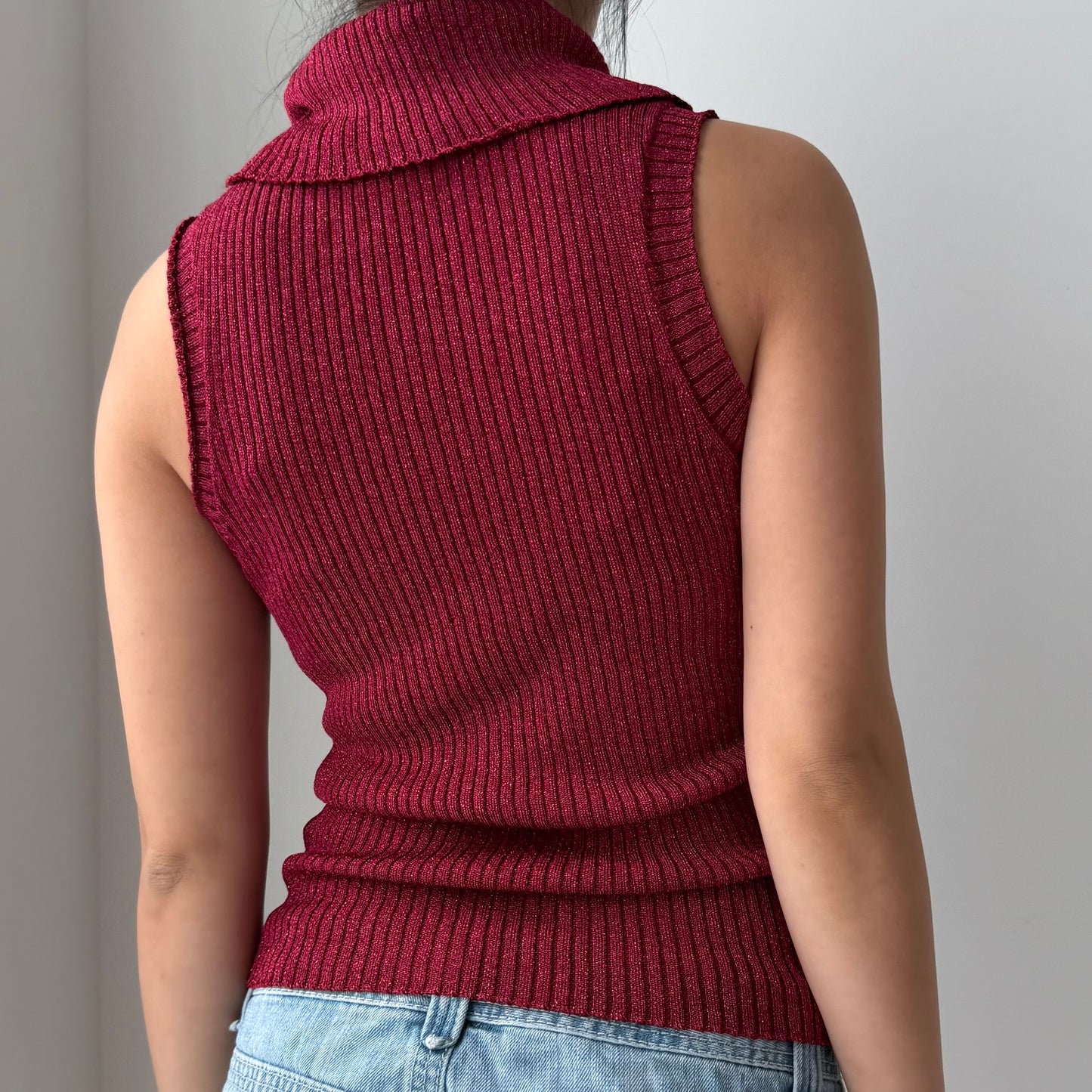 1990s Jacob Burgundy Metallic Ribbed Turtleneck Tank Top - Medium