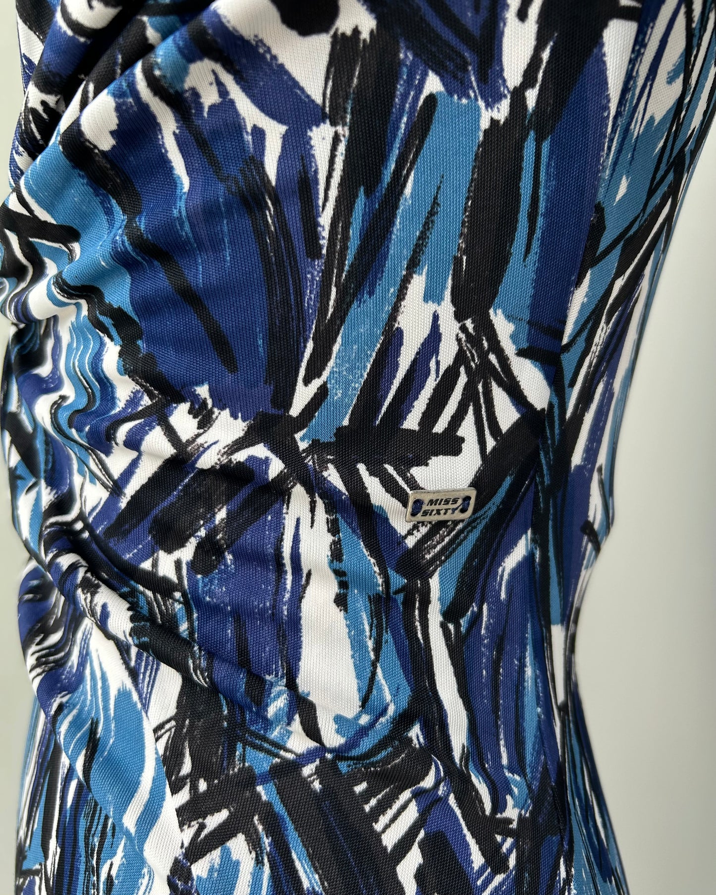 Early 2000s Miss Sixty Diamond Blue Abstract Print V-Neck Dress - Small