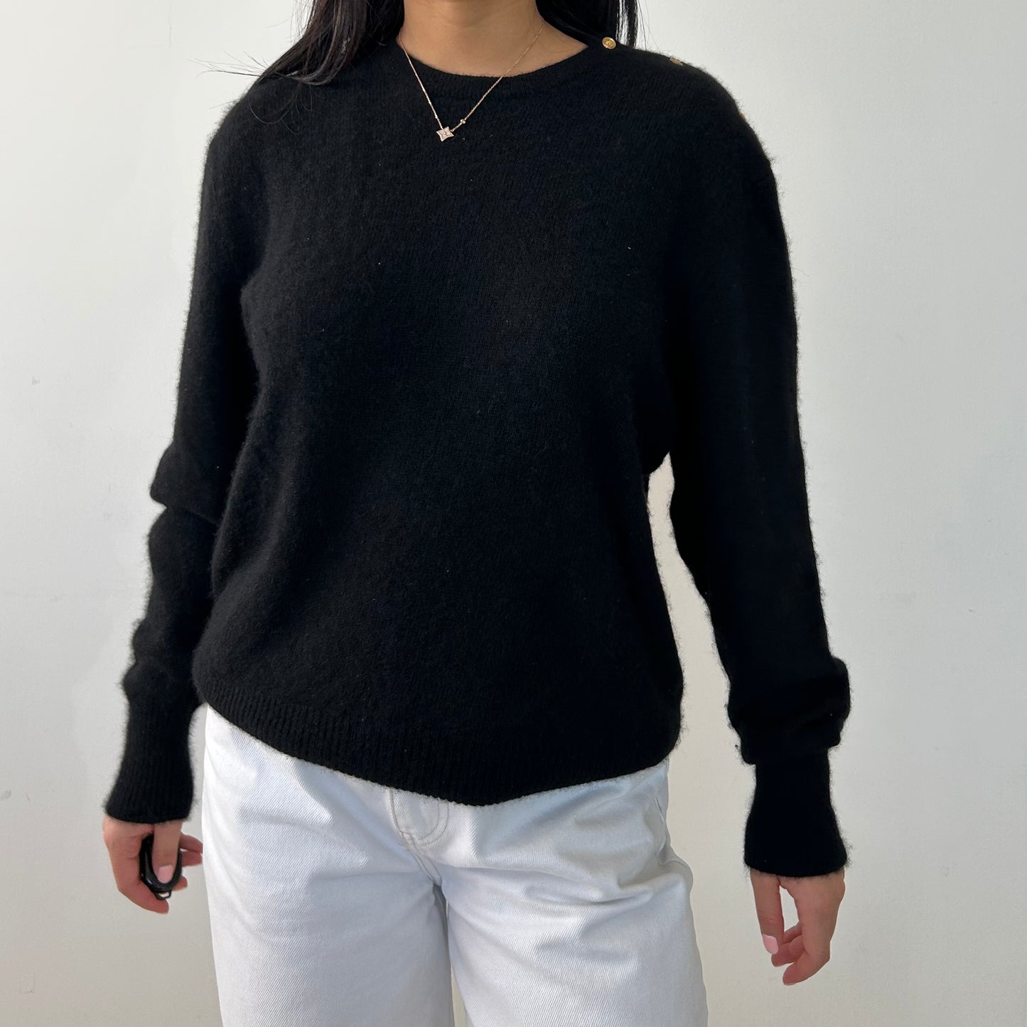 Vintage 1990s Neiman Marcus Black Cashmere Crewneck Knit Jumper with Gold Buttons - Large