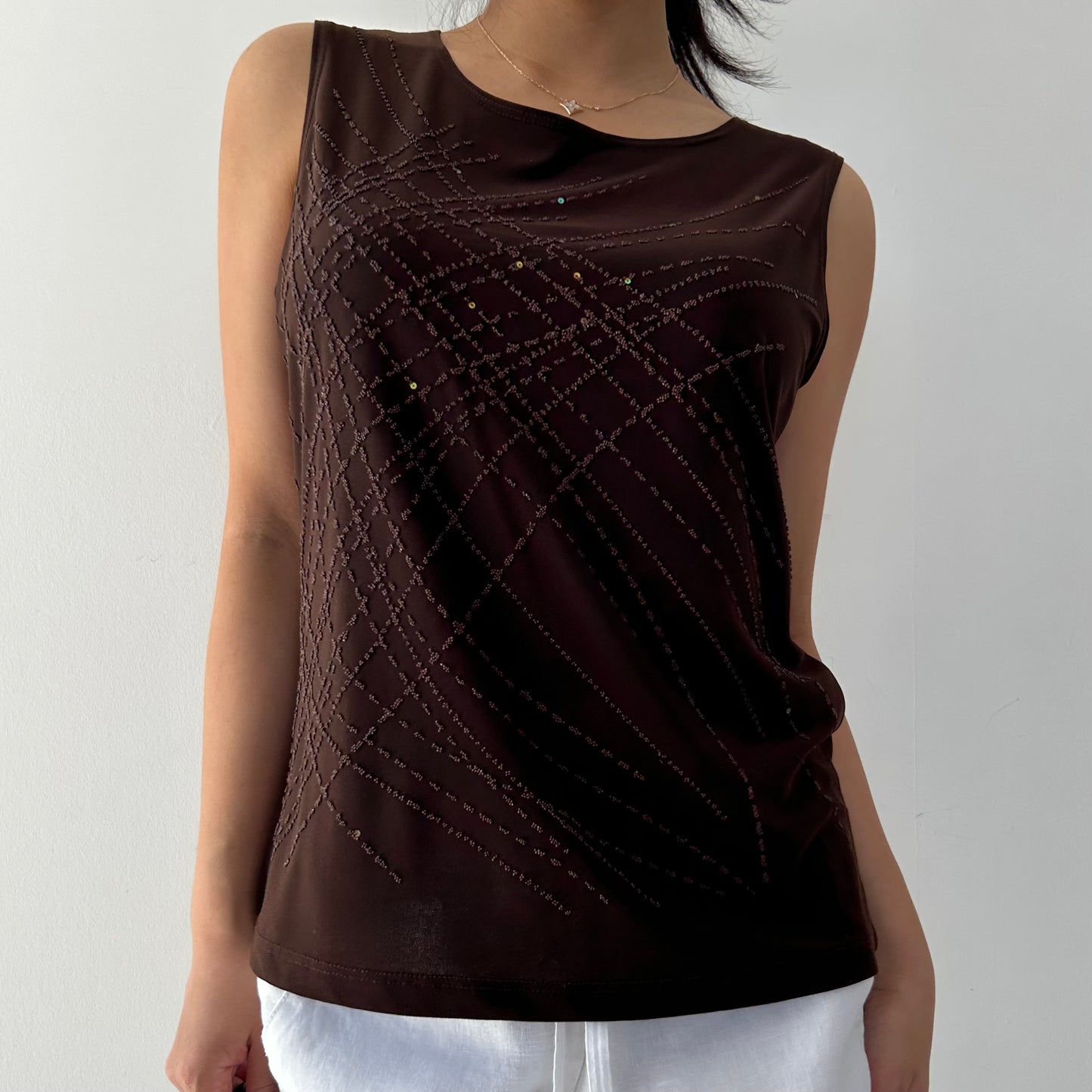 Vintage Made in USA Chocolate Brown Embellished Tank - Large