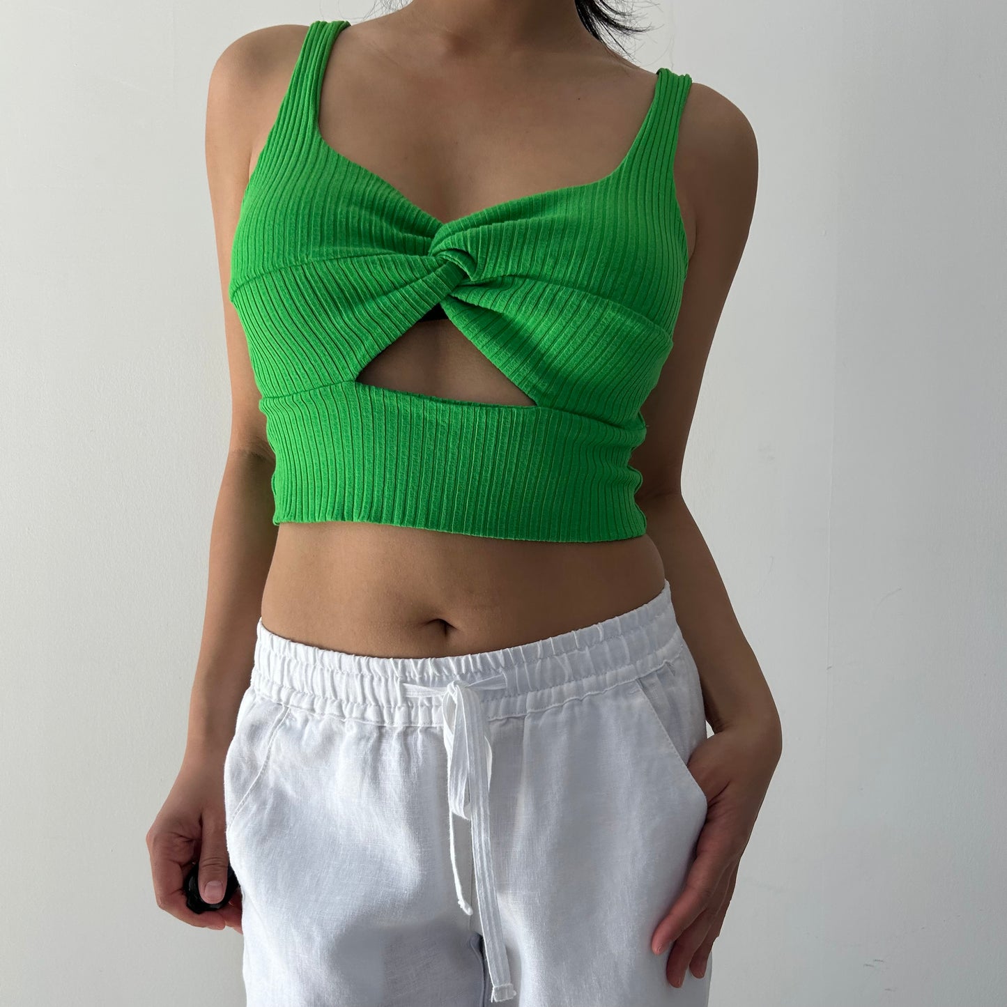 2010s Farm Rio Green Ribbed Cut-Out Crop Top - Small