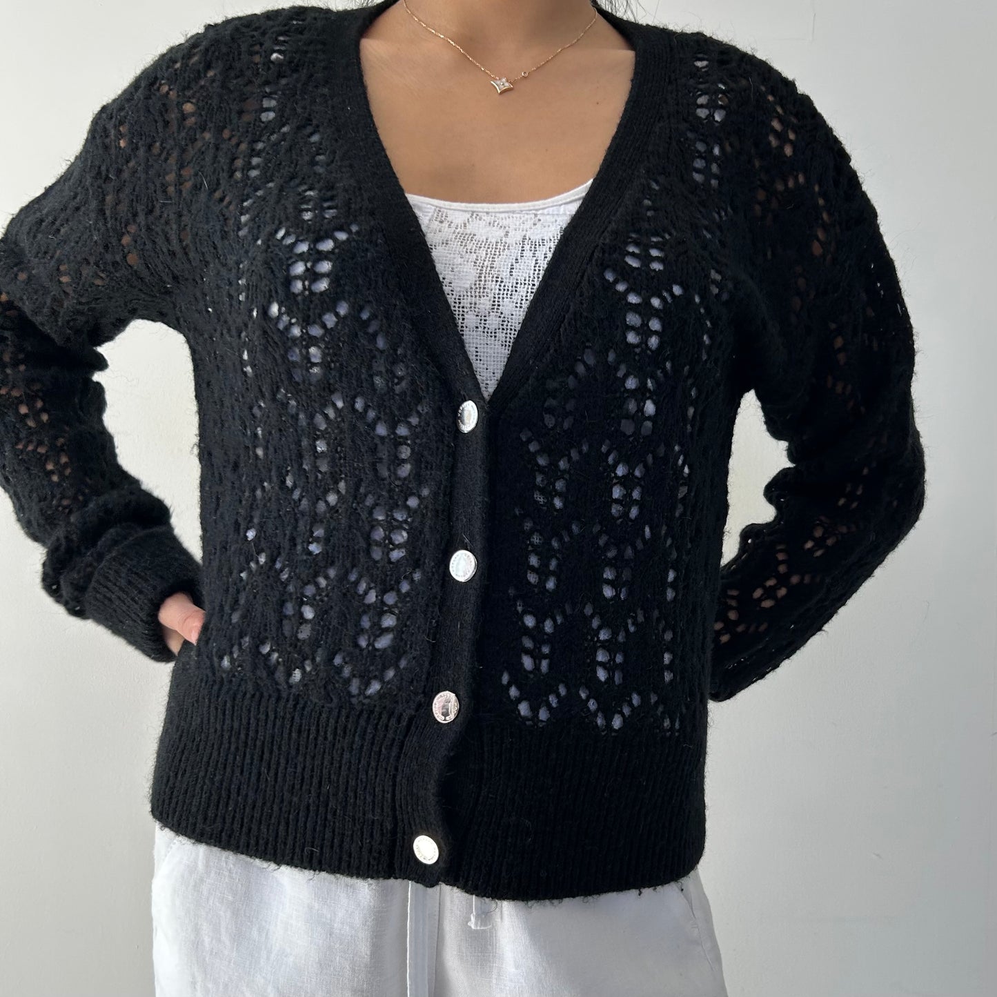 Morgan de Toi Black Wool and Alpaca Open Knit Cardigan - Small