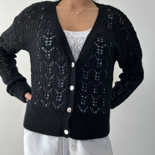 Morgan de Toi Black Wool and Alpaca Open Knit Cardigan - Small