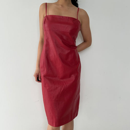1990s Ralph Lauren Red Leather Dress - Large