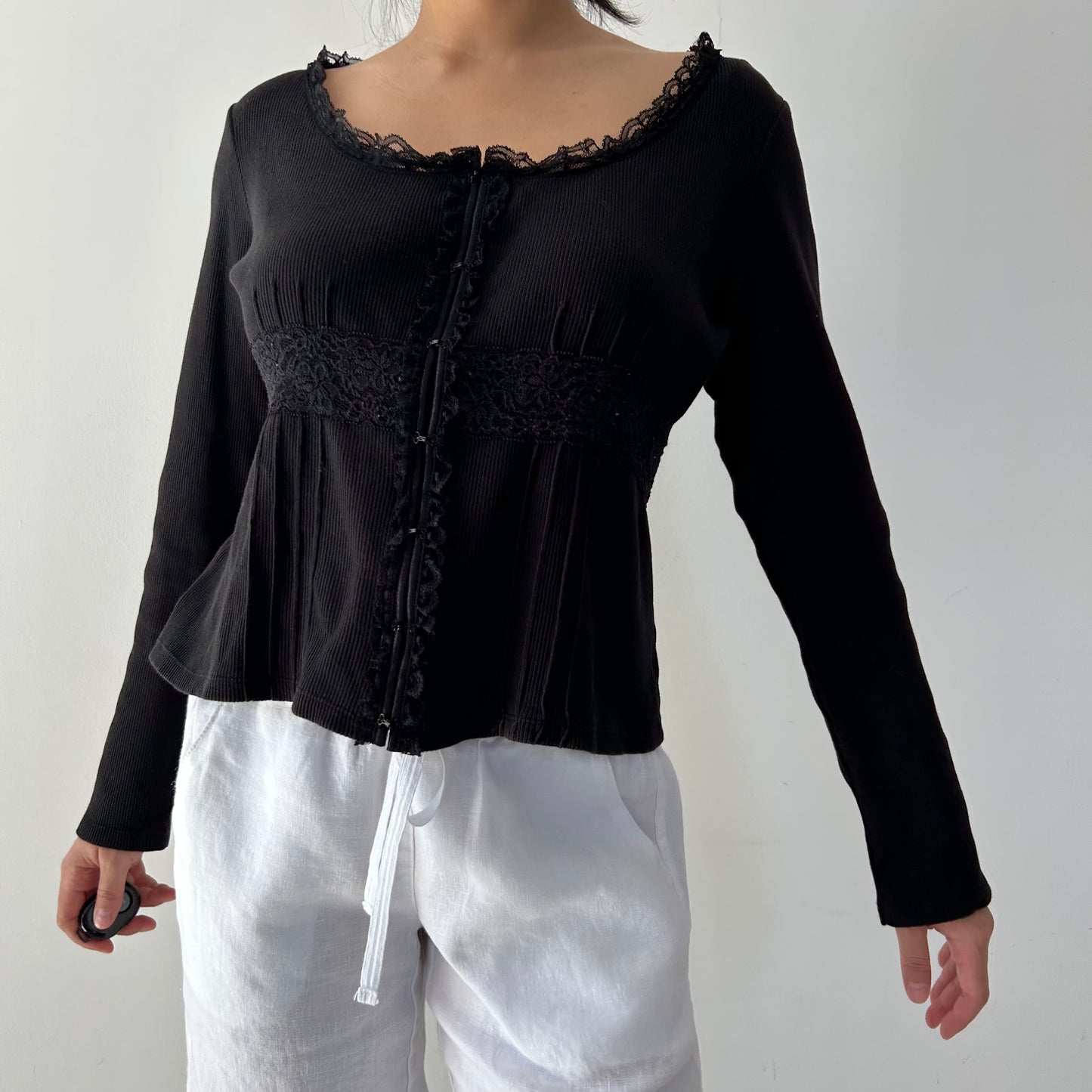 Black Long Sleeve Lace Trim Corset Style Top - Large