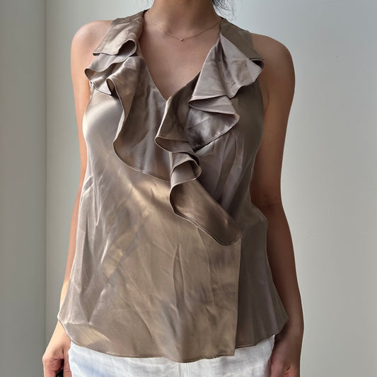 Lauren Ralph Lauren Brown Metallic Ruffle Silk Tank - Small